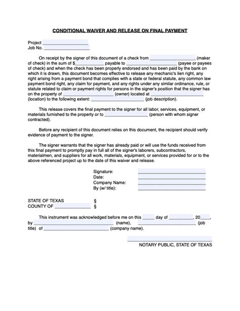 Release And Waiver Of Lien Rights Conditional Upon Final Payment