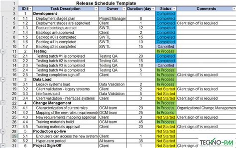 Release Schedule Excel Template