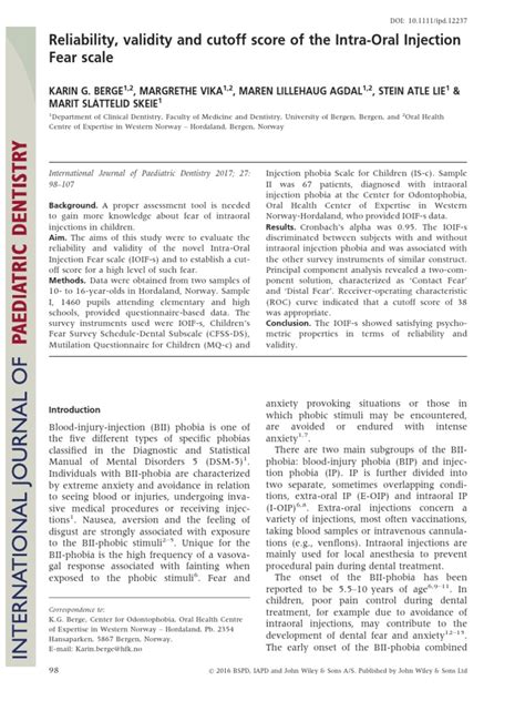 Reliability, validity and cutoff score of the Intra‐Oral Injection Fear ...