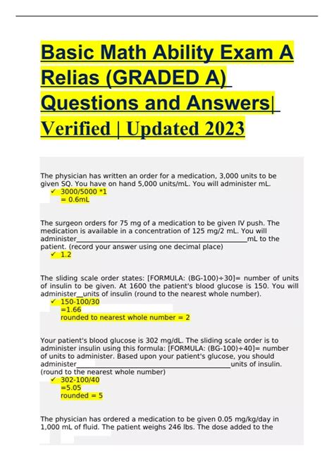 Relias math test answers. Relias RN Advanced Math Ability Exam (Latest 2023/ 2024) V1 | Questions and Verified Answers | Grade A QUESTION Your patient weighs 150 kg. The ordered ... [Show More] dose is 3 mEq/kg/hr to be given over 1 hour. 