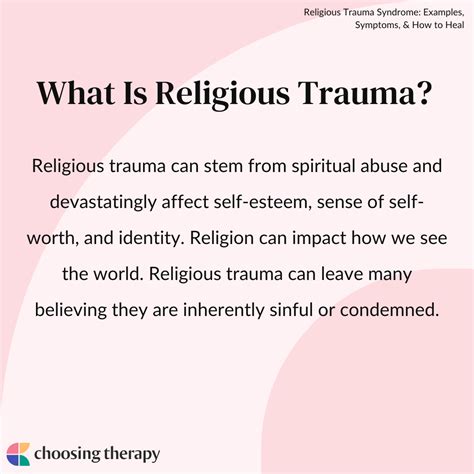 Religious trauma syndrome. Feb 12, 2024 · Religious trauma occurs when a person’s religious experience is stressful, degrading, dangerous, abusive, or damaging. Traumatic religious experiences may harm or threaten to harm someone’s physical, emotional, mental, sexual, or spiritual health and safety. This type of trauma often unfolds over several stages: 