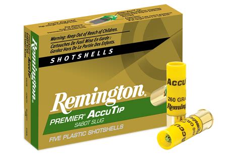 Accurate Results With An Accutip Slug. 5 shells per box; Spiral nose cuts in brass jacket; For fully rifled barrels only; Slug guns are more accurate than they used to be. If you load up with Remington Premier Accutip Bonded Sabot Slug ammunition, you will see that. Spiral nose cuts in the brass jacket control expansion at impact from 5 to 200 .... 
