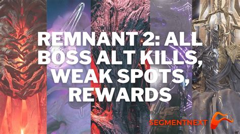 Remnant 2 alt boss kills. Remnant: From The Ashes has a lot of bosses, about 40 with both the DLCs.There are a wide variety of Dungeon Bosses, World Bosses, and Mini-Bosses you can counter in each Realm. RELATED: Remnant: From The Ashes - 10 Best Random Events Unfortunately, Cessnya, The Iskal Queen of Corsus, was only an NPC Merchant in the base game. Instead of her being the World Boss for Corsus like the Undying ... 