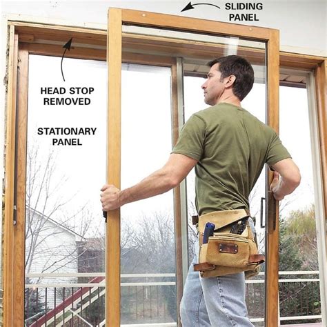 Remove sliding glass door. There are four main steps in the process of replacing a sliding glass door: Selecting a replacement door. Removing the existing door, doorframe and threshold. Installing the new door. Sealing the new sliding glass door. These instructions guide you through the replacement process using a vinyl sliding glass door as an example. 