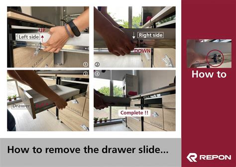 Removing drawer slides. Here are five steps to follow when removing the drawer slides: Locate the screws holding the slides in place and use a screwdriver to remove them. If the slides are stuck, try using a rubber mallet to gently tap them out of place. Once the slides are removed, examine them for any damage or wear and tear. 