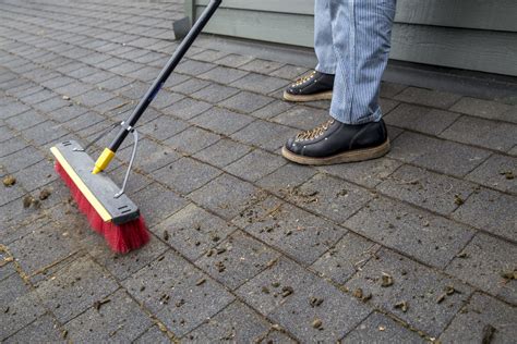 Removing moss from roof. 2. Hold the water jet at a slight angle over the ground and slowly guide it over the mossy areas while keeping a distance of 15-20 cm. 3. Then sweep up and dispose of the moss. For areas that become mossy quickly, a pressure washer is ideal and easy to use. It is suitable for robust and delicate surfaces alike. 