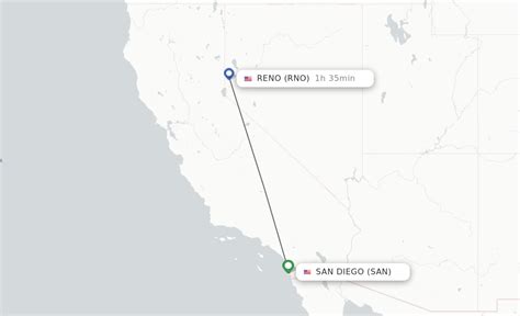 The average flying time for a direct flight from Reno, NV to San Diego is 1 hour 34 minutes; Most direct flights leave around 17:25 PDT; Southwest Airlines flight #858 is today's earliest flight from Reno, NV to San Diego (17:25 PDT, Boeing 737-800 (winglets) pax) Southwest Airlines flight #858 is today's latest flight from Reno, NV to San .... 