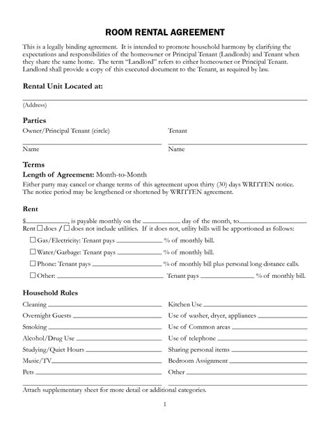 Rent A Room Contract Template Free