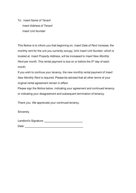 Rent adjustment letter. Answer: A commercial rent increase letter should include the tenant’s name and address, the effective date of the increase, the new rental amount, and a clear explanation of the reasons for the increase. It is also helpful to provide supporting documentation, such as calculations or market analysis, to justify the new rental amount. 