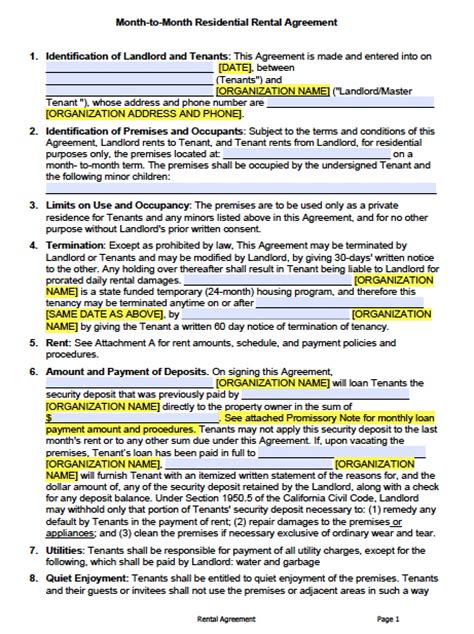 Rental Agreement Template California Month To Mon