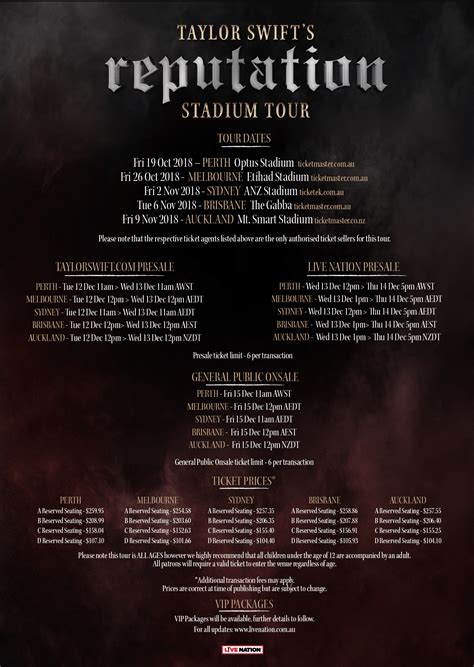 Marvel Stadium SHOW ANNOUNCED FOR FRIDAY OCTOBER 26. Following the earlier announcement of the North American, United Kingdom and Ireland dates, ten-time Grammy winner TAYLOR SWIFT’s reputation Stadium Tour will land in Australia in late 2018 kicking off in Perth on Friday, October 19 then onto Melbourne, Sydney and Brisbane before …. 
