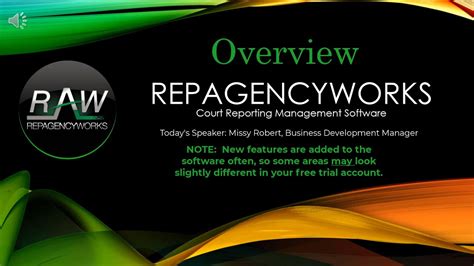 Repagencyworks - RepAgencyWorks Court Reporting Software is a complete web-based application designed especially for court reporting agencies. There’s nothing to download and no limit to the number of computers or users logging in at the same time. You can now handle all of your calender, production, document storage, invoicing, payroll and much more from ...