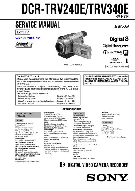 Repair manual sony dcr trv240e dcr trv340e digital video camera recorder. - English handbook and study guide ebook.