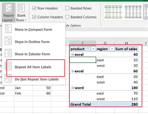 Repeat Select Item Labels Include An Exceed Pivot Table