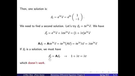 Nov 23, 2018 · An example of a linear differential equation with a repeated eigenvalue. In this scenario, the typical solution technique does not work, and we explain how ... . 