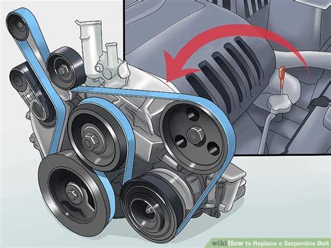 Replace serpentine belt. Serpentine belts are wide and thin with multiple small V-shaped grooves on one side that fit into matching grooves on the pulleys. The backside of the belt is typically smooth and usually rolls against one or more flat-faced … 