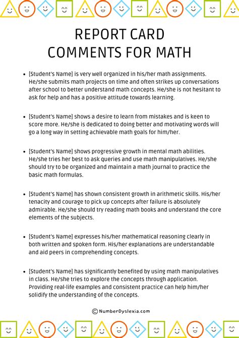 Report Card Comments For Math