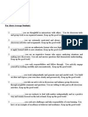 Report Card Comments PDF Vocabulary Phonics - Scribd