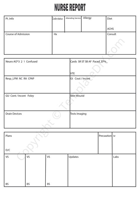 Report sheet nurse. Apr 17, 2023 · A med surg report sheet serves as a concise and organized summary of your patient’s essential information. This handy tool not only helps you keep track of critical data during your shift but also serves as a reference during handoffs to other nurses, ensuring clear and consistent communication. A well-designed med surg nursing report sheet ... 