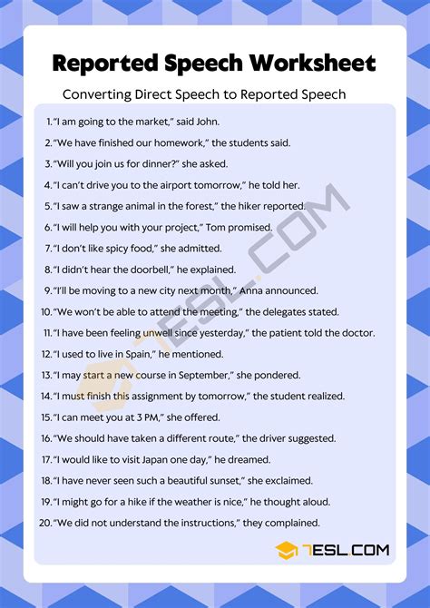 Reported Speech Worksheet With Answers