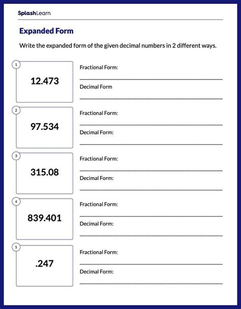 Representing Decimals as Expanded Form Math Worksheets SplashLearn