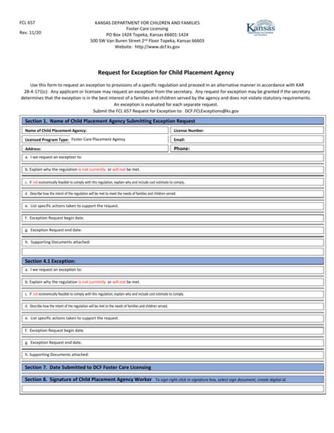 Request for Exception for Child Placement Agency - Kansas