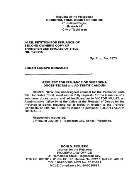 Request for a Subpoena Duces Tecum Ad Testificandum to Compel the