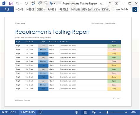 Requirements Testing Report MS Word Software Testing