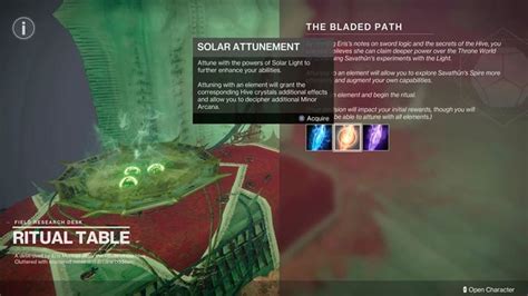 How to Acquire Solar, Arc, or Void Attunement Dive into the Seasonal Quest: Play through steps 1-6 of 'The Bladed Path' quest. Choose Your Elemental Attunement: On the 7th step, visit the.... 