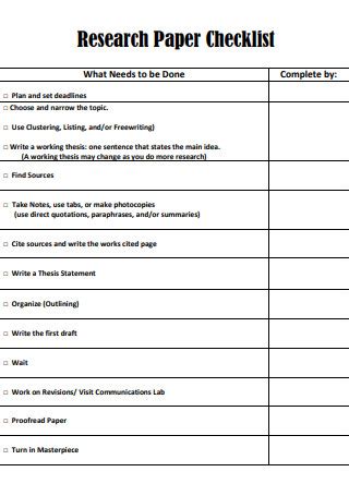 Research Paper Checklist Elementary