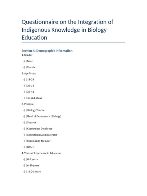 Research Questionnaire Knowledge Indigenous