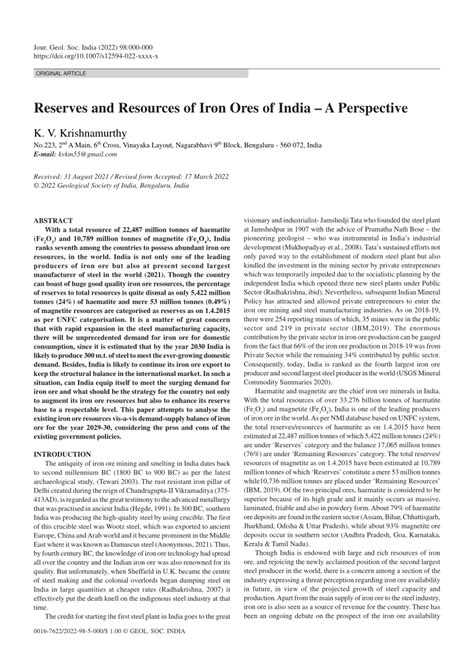 Reserves and Resources of Iron Ores of India — A Perspective