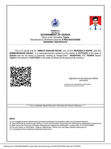 Resident Certificate Document