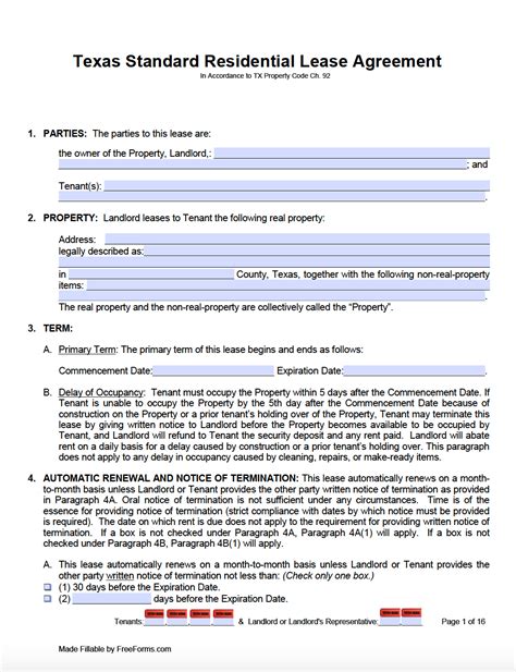 Residential Lease Agreement Texas Template