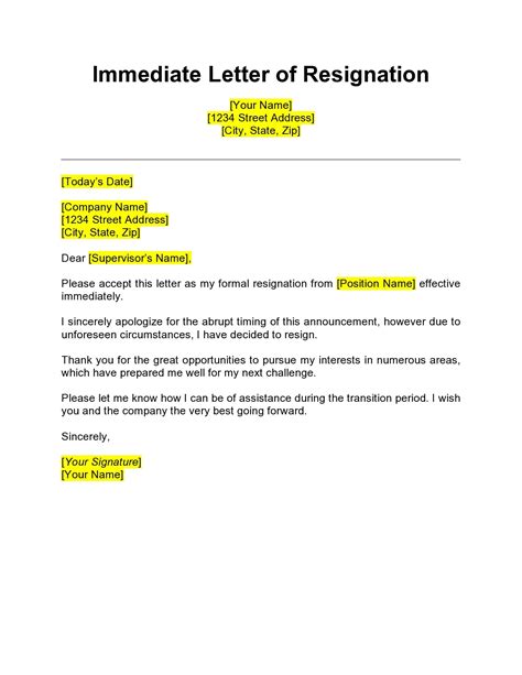 Resignation Letter with Immediate Effect