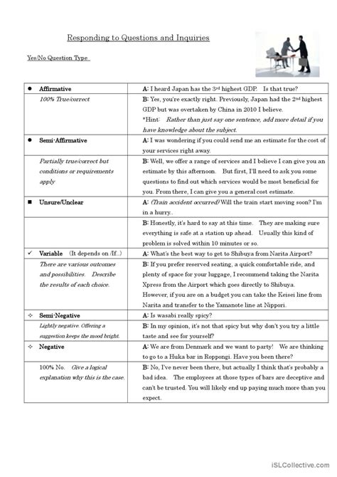 Responding to Questions and Inquiries Business/Sales/Customer Service worksheet Free ESL