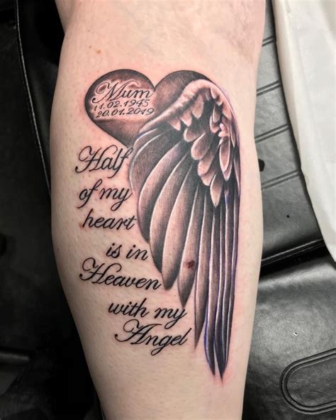 R.I.P Tattoos with Wings. R.I.P. tattoos with wings are most popularly seen with a heart or an angel. In the heart design, the wings are folded around the heart representing that the deceased angels form will always be held in your heart and you know that wherever they are they are holding yours.. 