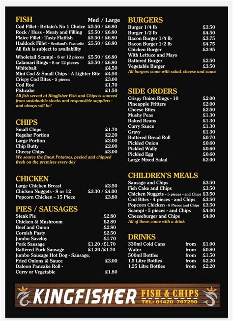 Restaurant Menu Kingfisher Fish and Chip Restaurant