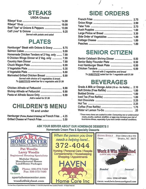 Restaurant Menus in Sparta, North Carolina, USA