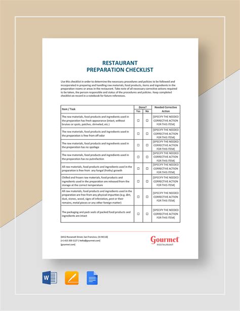 Restaurant Preparation Checklist Template [Free PDF] Word Apple Pages Google Docs