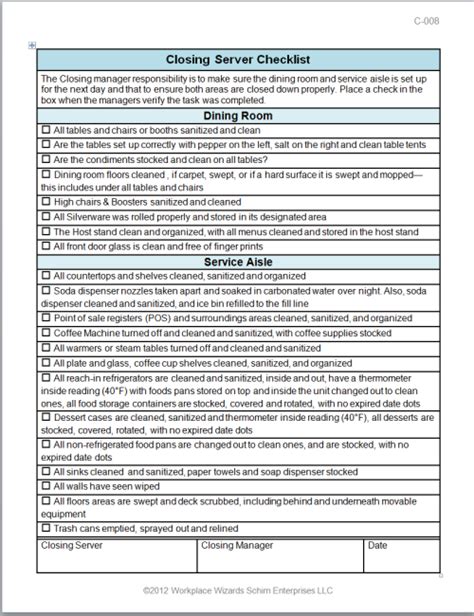 Restaurant Side Work Checklist Template Addictionary