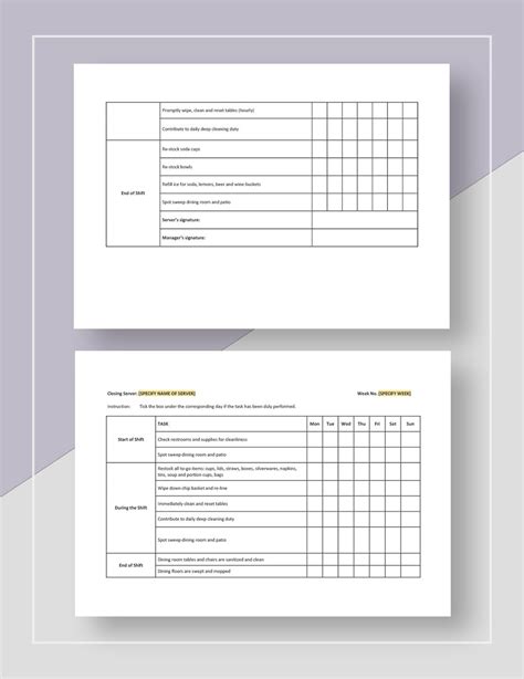 Restaurant Side Work Checklist Template Database