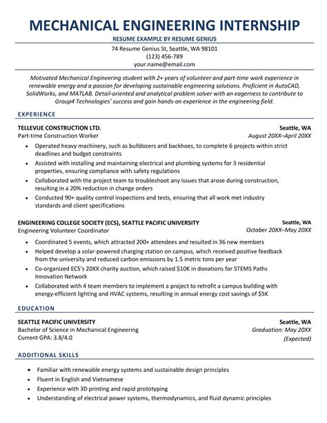 Resume Templates For Internships In Engineering