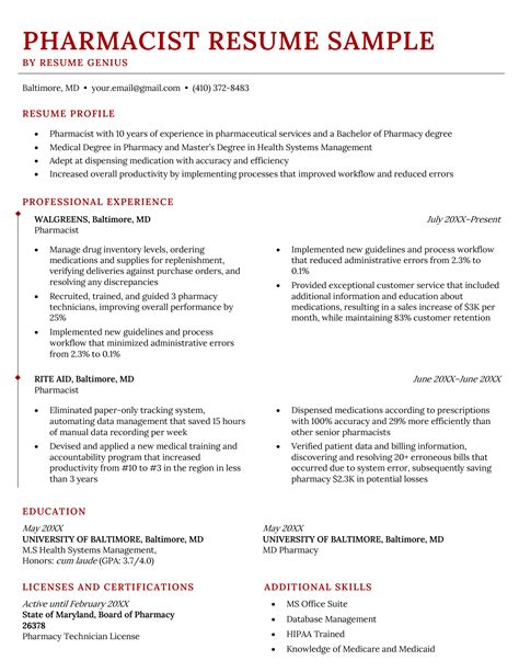 Resume Templates For Pharmacists