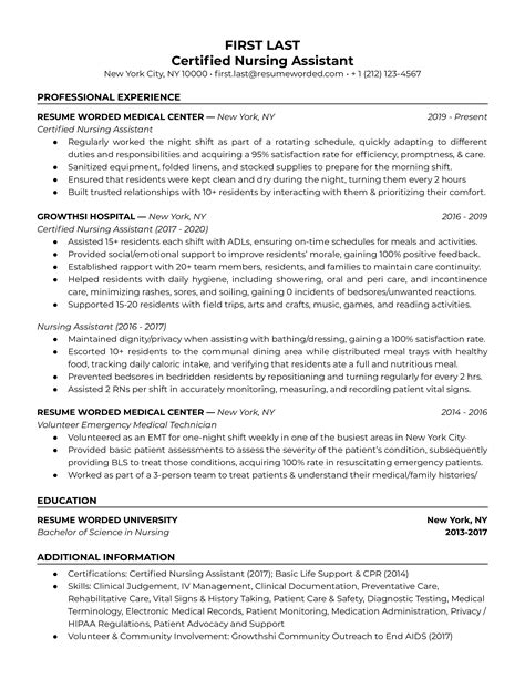 Resume for cna. Aug 30, 2023 · 2. Prospecting Cover Letter. A prospecting cover letter is similar to an application cover letter in that a CNA job seeker writes it to an organization of interest. This form of a cover letter, on the other hand, inquires about open job vacancies in general. It isn’t in reaction to a specific employment advertisement. 