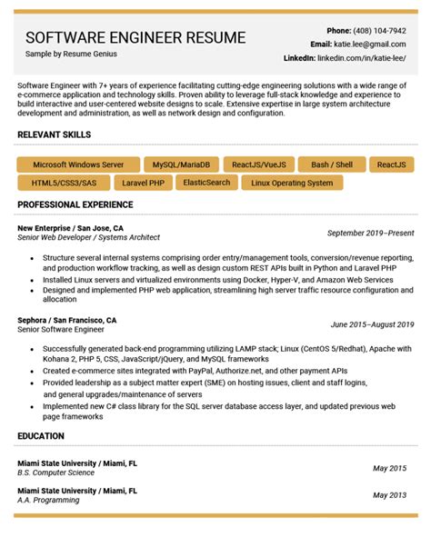 Resume for software engineer. Software Engineer Resume Examples. Software Engineers are responsible for designing and implementing software systems. Some of their responsibilities include updating current software systems, making improvement suggestions, collaborating with analysts and designers, testing applications, writing training manuals, and making sure projects are ... 