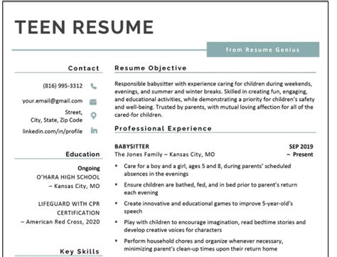 Resume for teens. 2. Use a professional resume font and size. Your acting resume should look clean and easy to read, so use an appropriate resume font like Times New Roman, Georgia, or Arial. Additionally, keep your font size between 10–12 so casting directors won’t strain their eyes trying to read your resume. 3. 