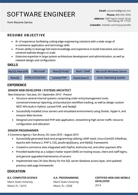 Resume software engineer. Use a structure that's intuitive and clean — either a one-column or two-column format. Bullet points aid readability, and white space helps your resume appear crisp and to-the-point. A software ... 