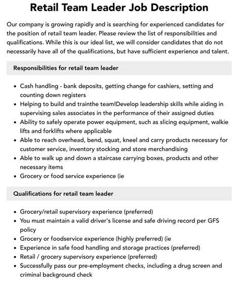 Retail Team Leader Job Description Velvet Jobs