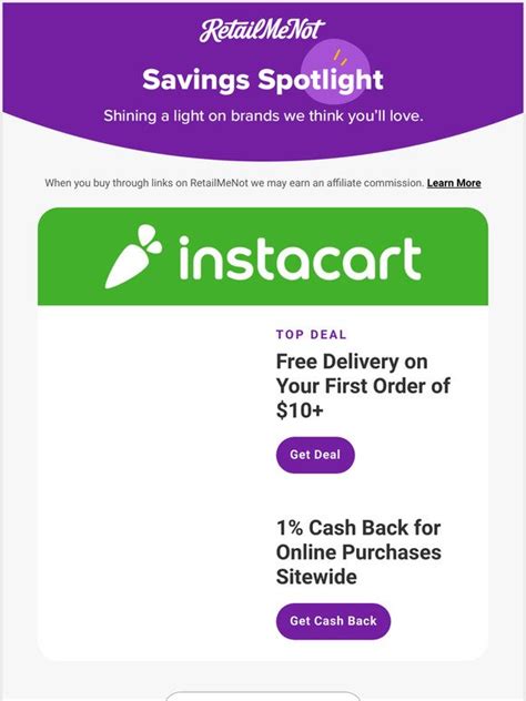 Retailmenot instacart. Top Instacart coupons & deals for October 2023. 50%. Nov 02. Instacart coupon - $50 Off orders over $100 + free delivery. $50. Dec 31. Upon Approval of Your Instacart Mastercard, Receive a $50 ... 